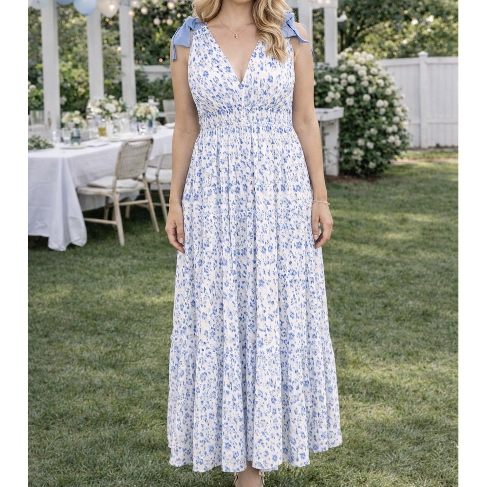 Storia Blue Floral Pleated Maxi Dress Bow Shoulder V-Neck Smocked Waist L H2